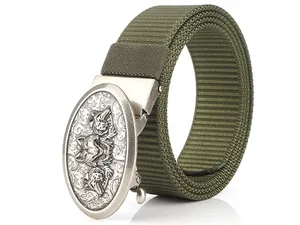 Detail of army green nylon tactical belt featuring silver alloy buckle with wolf head relief