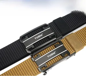 Close-up of black and khaki tactical nylon belts with heavy duty alloy buckle details