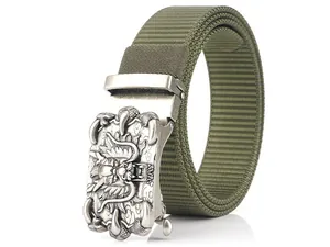 Close-up of olive green tactical nylon belt featuring a 3D dragon embossed metal buckle