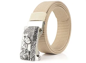 Detail of khaki nylon tactical belt featuring an eagle emblem embossed on alloy buckle