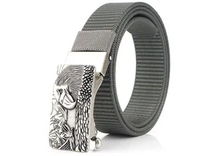 Detailed view of silver eagle buckle and thick grey nylon webbing on men's tactical belt
