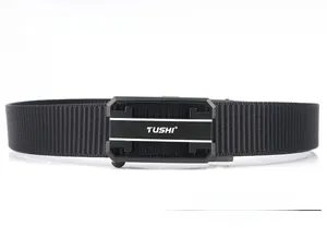 Detail of black nylon tactical belt featuring a quick-release metal buckle with logo