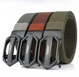 Three-color nylon canvas belts with geometric automatic buckles in grey, brown, and army green