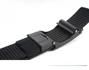 Macro detail of black nylon tactical belt with adjustable automatic metal buckle