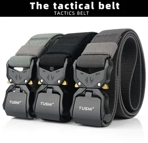 Detailed close-up of quick-release alloy buckles on nylon tactical belts in three colors