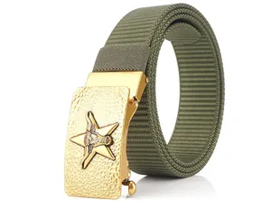 Detail of army green nylon tactical belt with gold automatic buckle and star emblem