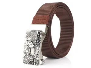 Detailed view of the eagle relief metal buckle and brown nylon webbing strap on belt