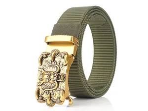 Detailed macro view of the golden dragon relief buckle on army green nylon belt