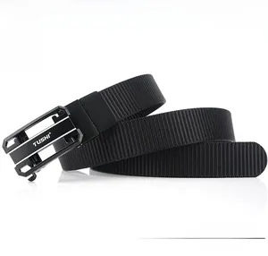 Macro detail of high-density nylon strap and black alloy buckle for men's tactical belt