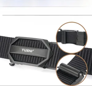 Detail of nylon belt showing heavy duty metal automatic buckle and woven track texture