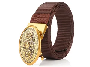 Detailed close-up of brown nylon belt with vintage wolf head engraved gold alloy buckle