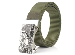 Detailed view of heavy duty nylon webbing and eagle relief on metal automatic buckle