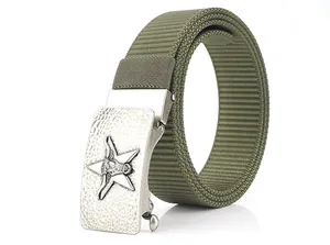 Detailed close-up of military green nylon belt with silver metal embossed star buckle