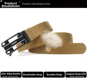 Detail of khaki nylon tactical belt showing the black zinc alloy buckle and textured weave