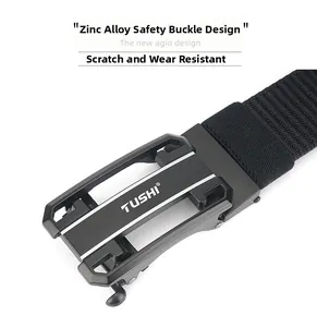 Detail of zinc alloy safety buckle and durable nylon fabric on men's tactical belt