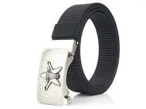 Detailed view of black nylon tactical belt featuring silver bull star automatic metal buckle
