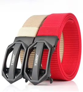 Detailed view of heavy-duty nylon woven belts with matte black automatic buckles
