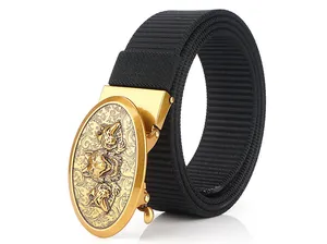 Detail of golden oval alloy buckle with wolf relief on black woven nylon tactical belt