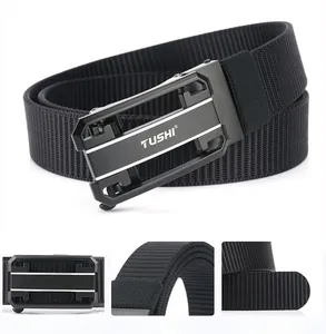 Detail of black nylon woven belt featuring automatic metal buckle and durable texture