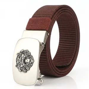 Men's Lion Head Embossed Zinc Alloy Automatic Buckle Belt Tactical Casual Nylon Woven Waist Strap For Outdoor Daily Wear