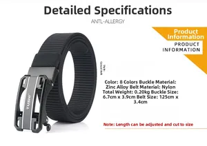 Detailed view of 3.5cm nylon belt with black zinc alloy buckle and adjustable length