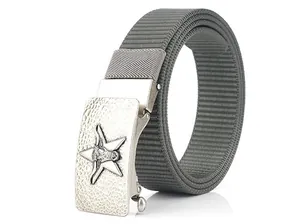 Detail of grey nylon tactical belt with silver automatic buckle and bull head relief