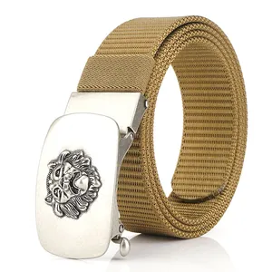 Men's khaki nylon belt with silver automatic metal buckle featuring lion head relief