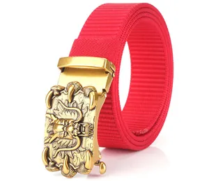 Detailed close-up of a red nylon web belt featuring a gold dragon relief automatic buckle