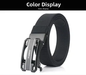 Detail of the textured black nylon belt strap and the matte black automatic buckle