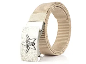 Detail of men's khaki nylon belt with silver hammer-patterned automatic metal buckle