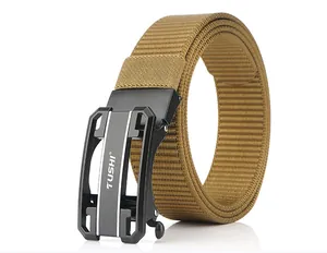 Close-up of tactical nylon belt with black automatic buckle and rugged industrial texture