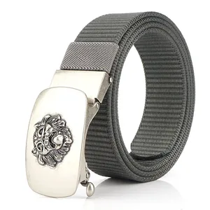 Men's grey nylon canvas belt with vintage silver lion head buckle and automatic closure