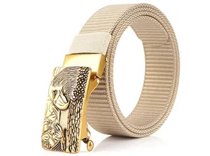 Detail of khaki nylon tactical belt featuring golden eagle relief alloy buckle