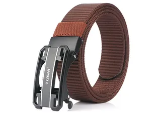 Detail of a brown nylon woven tactical belt with black alloy automatic buckle and logo