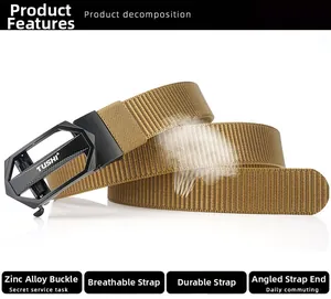 Detail of khaki nylon belt with anti-slip texture and matte black zinc alloy buckle