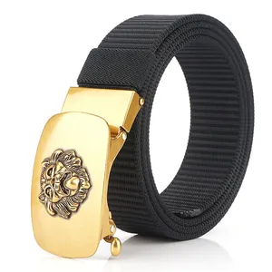 Men's black nylon tactical belt with a premium gold lion head metal automatic buckle