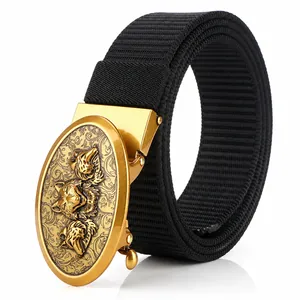 Men's Tactical Nylon Web Belt With Wolf Head Embossed Zinc Alloy Automatic Buckle Casual Outdoor Military Style Adjustable Waist Belt For Men