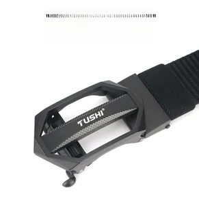 Close-up of a tactical nylon belt with heavy-duty black zinc alloy quick-release buckle