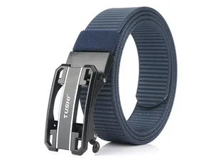 Detail of navy blue nylon belt with matte black automatic buckle and TUSHI logo