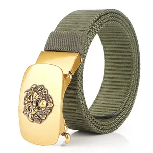 Men's green nylon canvas belt featuring a golden automatic buckle with a lion head relief
