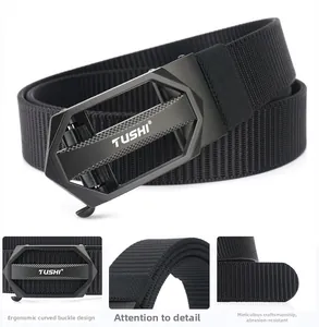 Detail of ergonomic matte black metal buckle and durable nylon web belt texture