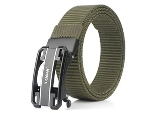 Detailed close-up of army green tactical nylon belt with black automatic alloy buckle