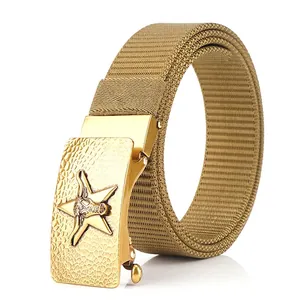Men's Tactical Nylon Belt With Alloy Automatic Buckle Bull Head Star Relief Vintage Casual Adjustable Outdoor Weave Waist Strap