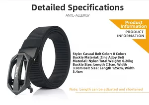 Detailed view of durable nylon web belt with heavy duty zinc alloy buckle and dimensions