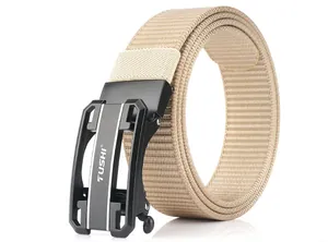 Detail of khaki nylon belt showing high-density weave texture and black automatic buckle