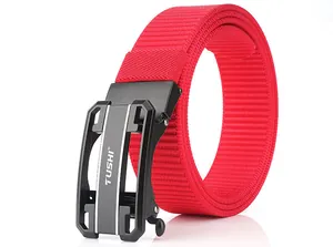 Detail of red tactical nylon belt featuring a durable black metal automatic buckle with Tushi logo