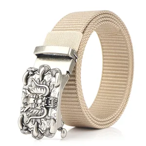 Men's Casual Nylon Waist Belt With Zinc Alloy Automatic Buckle Vintage Chinese Dragon Relief Embossed Tactical Canvas Belt For Outdoor Wear