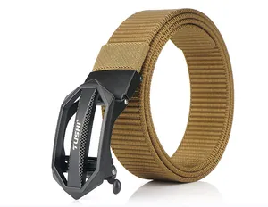 Close-up of khaki nylon tactical belt with matte black automatic buckle and brand logo
