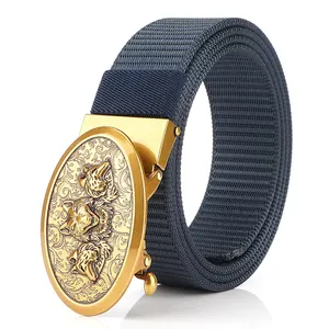 Men's navy canvas belt with gold-toned alloy wolf head automatic buckle design