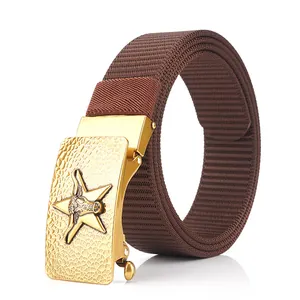 Men's 3.5cm brown nylon tactical belt with golden automatic buckle and star emblem